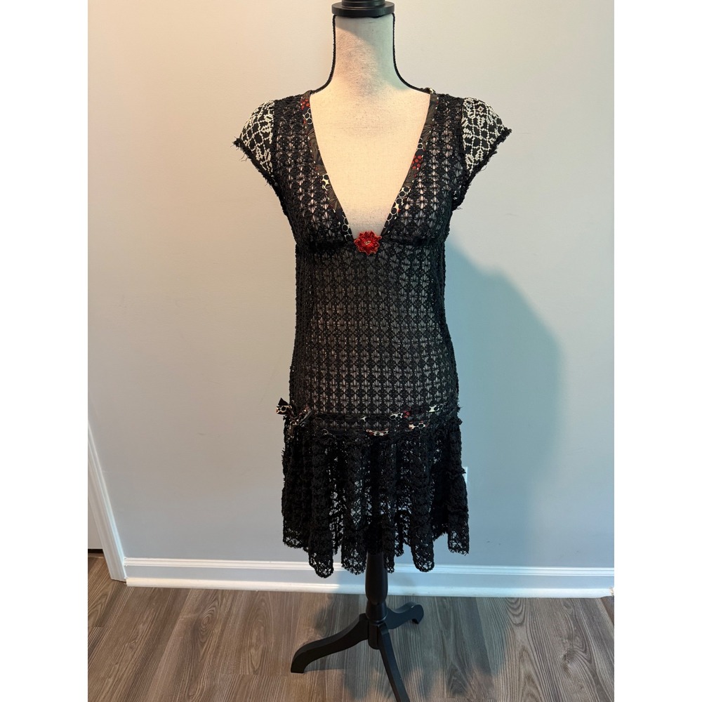 Free People Black Crochet Lace Dress with Red Accents